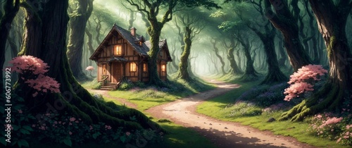 Landscape of a beautiful wooden house deep in the fairytale enchanted forest with big trees and lush vegetation  on a calm spring day - Generative AI Illustration