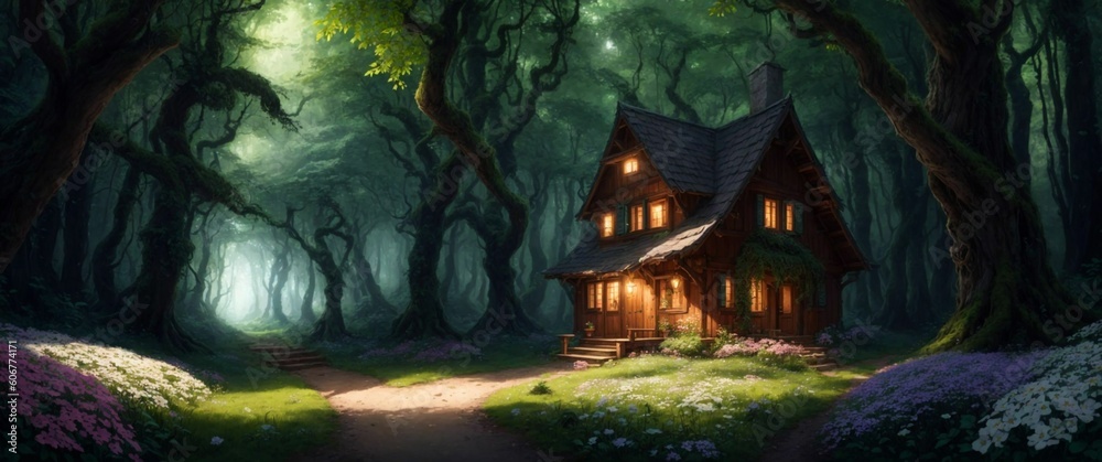 Landscape of a beautiful wooden house deep in the fairytale enchanted forest with big trees and lush vegetation, on a calm spring day - Generative AI Illustration