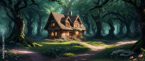 Landscape of a beautiful wooden house deep in the fairytale enchanted forest with big trees and lush vegetation, on a calm spring day - Generative AI Illustration © Starstruck