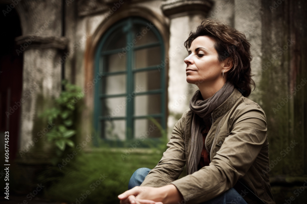 Portrait of a beautiful woman sitting in front of an old house