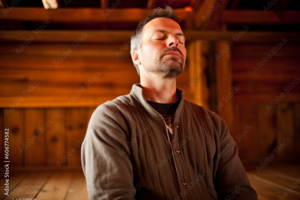 Group portrait photography of a man in his 40s practicing mindfulness sophrology relaxation & stress-reduction wearing a cozy sweater against a rustic wooden background Group portrait photography of a man in his 40s practicing mindfulness sophrology relaxation & stress-reduction wearing a cozy sweater against a rustic wooden background