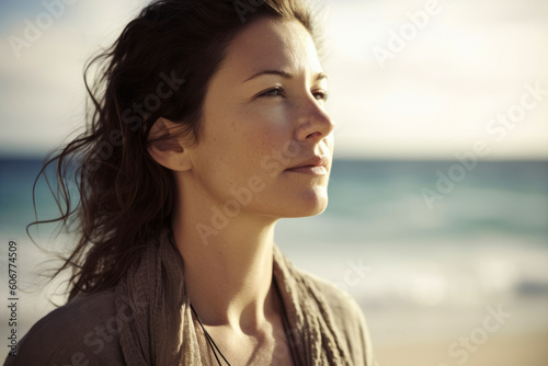 Portrait of a beautiful young woman on the beach at sunset.