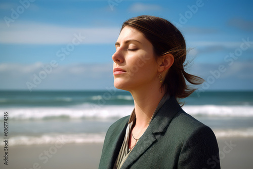 Portrait of a young business woman standing on the beach looking away © Eber Braun