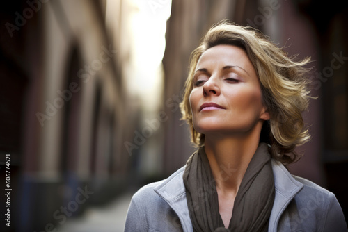 Portrait of a beautiful mature woman in an urban setting with eyes closed
