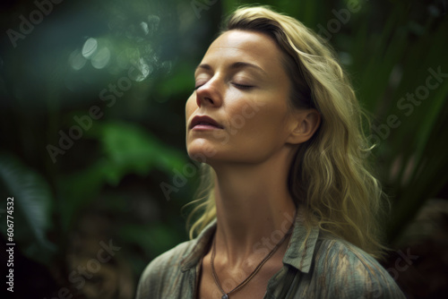 Portrait of a beautiful woman with closed eyes in the rainforest