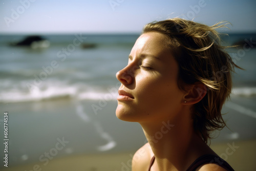Portrait of a young woman on the beach at sunset in summer