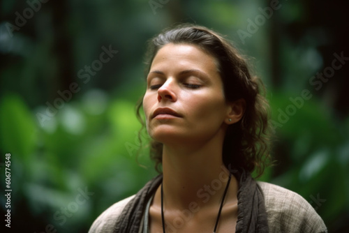 Portrait of a beautiful young woman with closed eyes in the forest