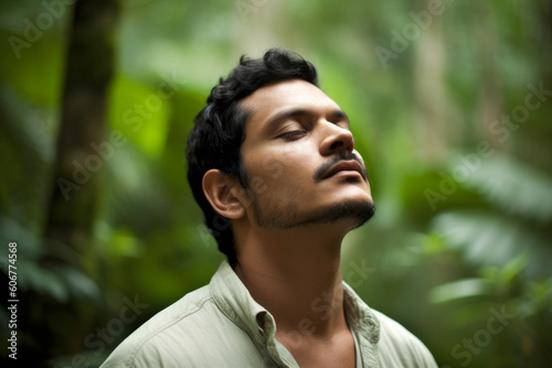 Portrait of a man with eyes closed in the jungle looking away