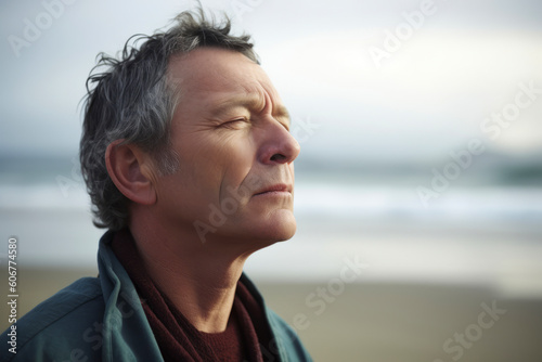 Portrait of thoughtful senior man standing on beach with eyes closed.