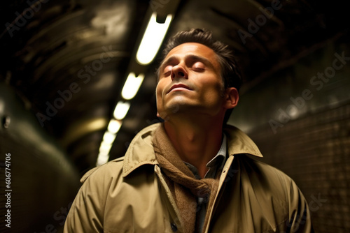 portrait of a young man in an underground passage with his eyes closed