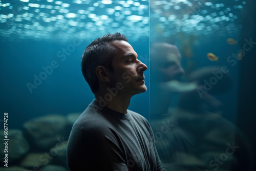 A man looking at the fish in the aquarium. Portrait.
