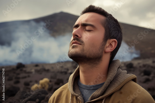 Portrait of a young man in front of a volcanic landscape.