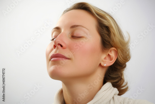 Portrait of a beautiful woman with closed eyes on a white background