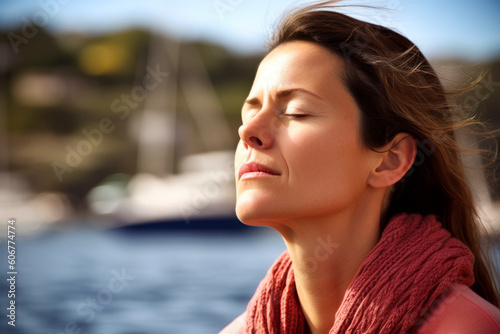 Portrait of a beautiful young woman with closed eyes on a yacht