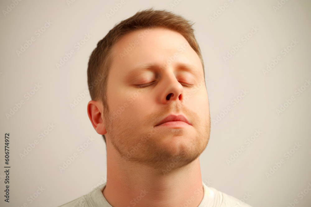 Naklejka premium Handsome young man with closed eyes, isolated on grey background