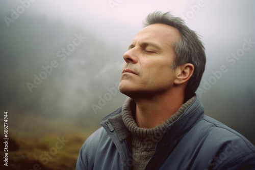 Handsome middle-aged man in blue jacket and gray scarf looking away on the background of foggy mountains