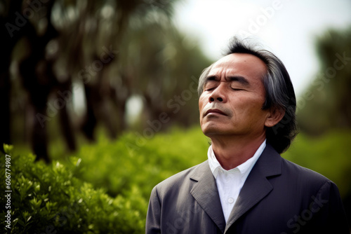 Asian businessman in a park looking at the camera with eyes closed.