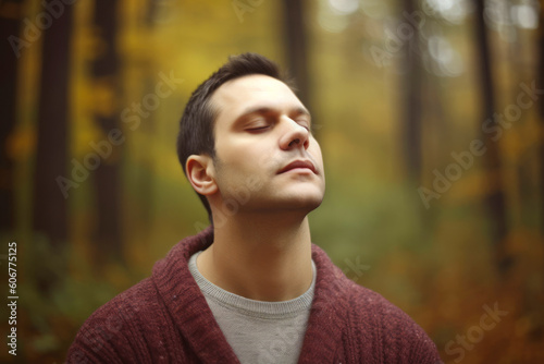 Young man in the autumn forest. Close-up portrait of a guy.