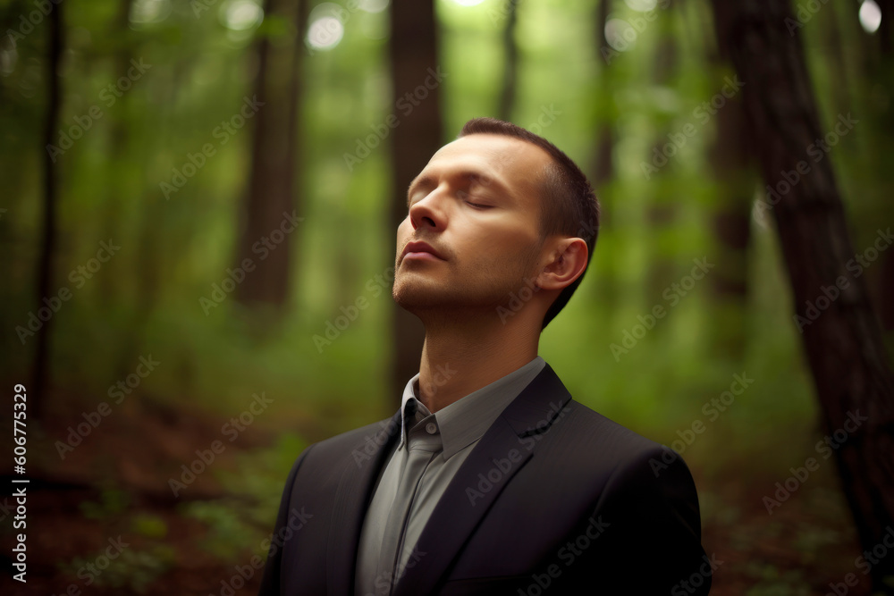 Portrait of a handsome young businessman standing in the forest and looking away