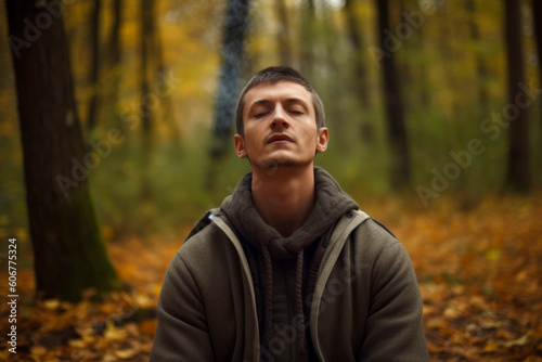 Young man in the autumn forest. Outdoor portrait of young man in autumn forest.