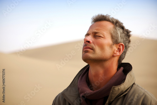Handsome middle-aged man in the middle of the desert