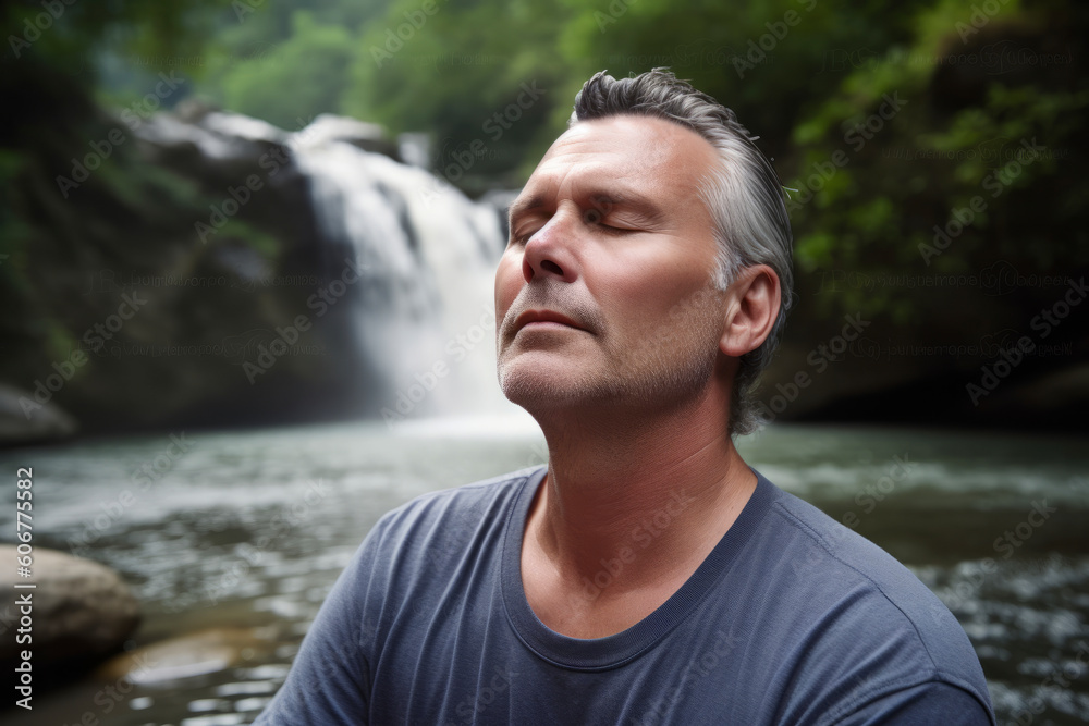 Handsome man standing by waterfall in tropical forest and thinking. Handsome man standing by waterfall in tropical forest and thinking.