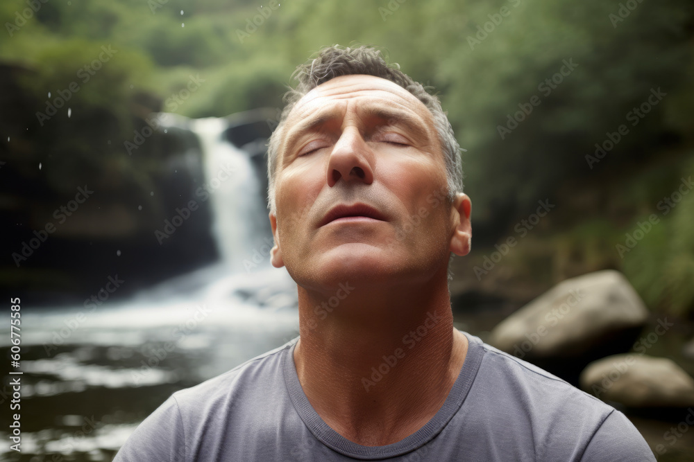 Man standing in front of a waterfall in the forest, looking up Man standing in front of a waterfall in the forest, looking up