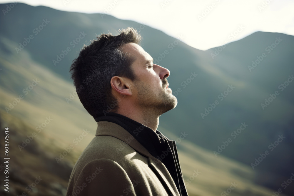 Young man in the mountains on a sunny day, profile view. Young man in the mountains on a sunny day, profile view.