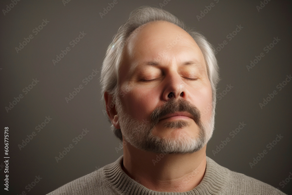 Fototapeta premium Portrait of a grey-haired man on a gray background.