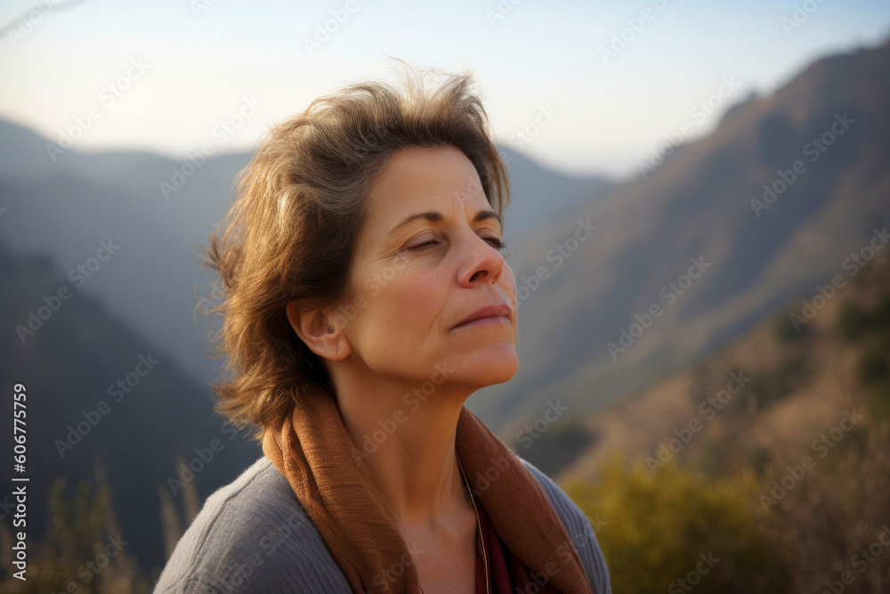 Portrait of a middle-aged woman on a background of mountains