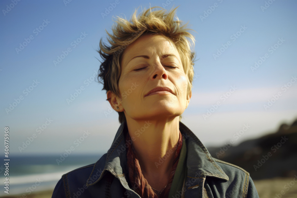 Portrait of a young woman with eyes closed on the beach.