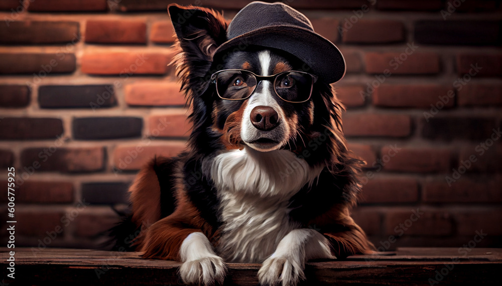 portrait of a dog, dog with glasses sitting with beret on a stone wall