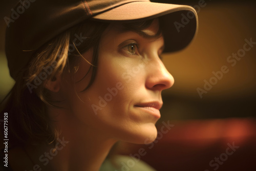 Portrait of a beautiful young woman in a cap in a cafe © Eber Braun