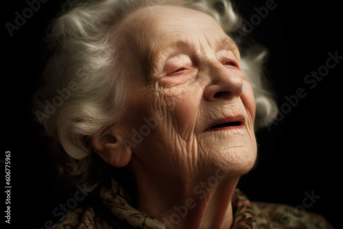 Portrait of an elderly woman on a black background. Toned.
