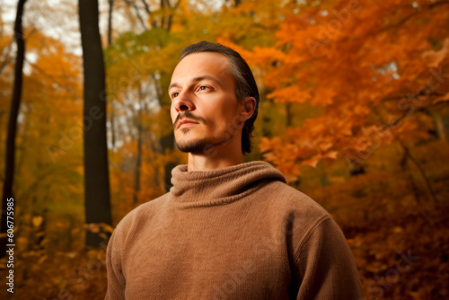 Portrait of a handsome man in the autumn park. Autumn season.