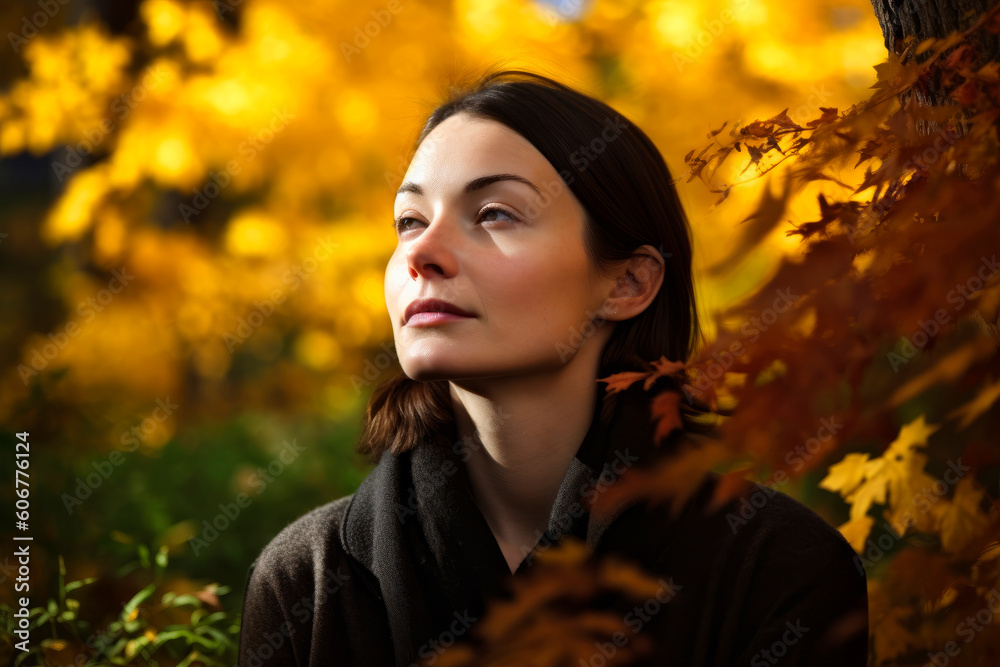 Portrait of a beautiful young woman in the autumn park with yellow leaves Portrait of a beautiful young woman in the autumn park with yellow leaves