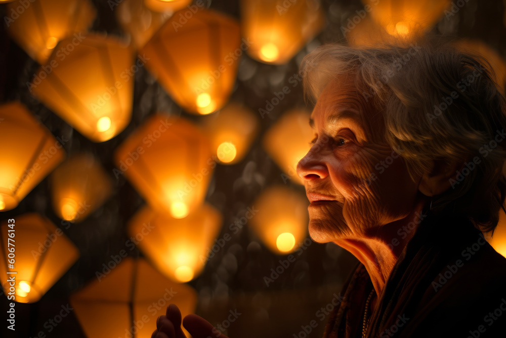 Portrait of an elderly woman with lanterns in the background. Portrait of an elderly woman with lanterns in the background.