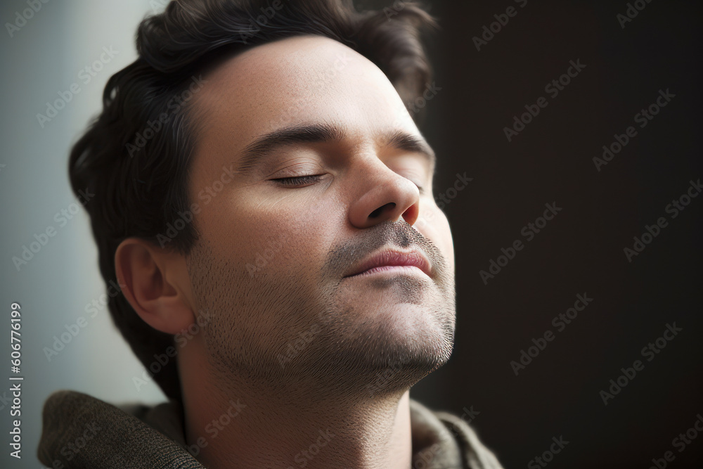 Fototapeta premium Portrait of handsome young man with closed eyes, low angle view
