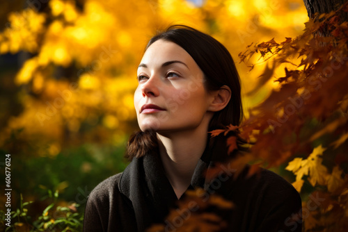 Portrait of a beautiful young woman in the autumn park with yellow leaves