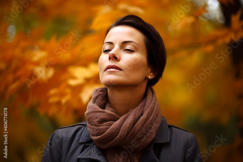 Closeup portrait of a beautiful young woman relaxing in the autumn park