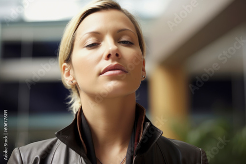 Portrait of young businesswoman relaxing in office, looking away.