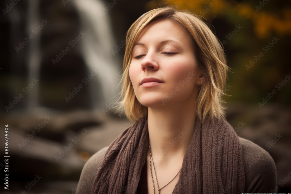 Portrait of a beautiful woman with closed eyes in front of a waterfall Portrait of a beautiful woman with closed eyes in front of a waterfall