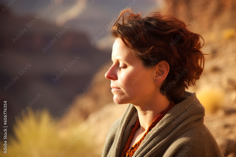 portrait of a young woman on the background of the desert mountains portrait of a young woman on the background of the desert mountains