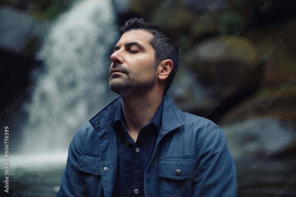 Portrait of a handsome young man in front of a waterfall. Portrait of a handsome young man in front of a waterfall.