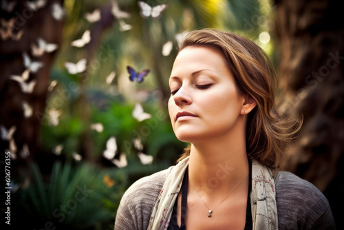 Portrait of a beautiful young woman with butterfly in the garden.