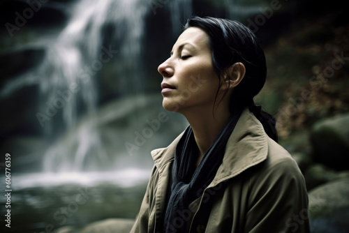 Woman in front of a waterfall in the forest with her eyes closed