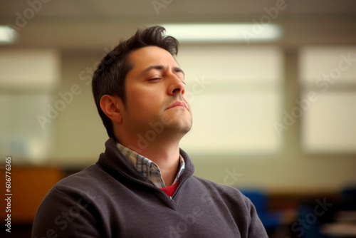 young asian man thinking and looking up in an empty classroom.