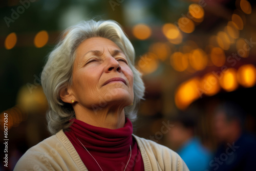 Portrait of a beautiful senior woman on the background of the Christmas market