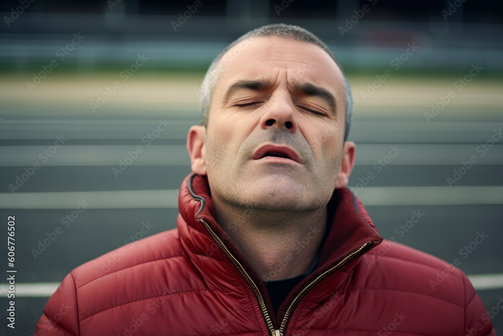 Portrait of a man in a red jacket on the race track
