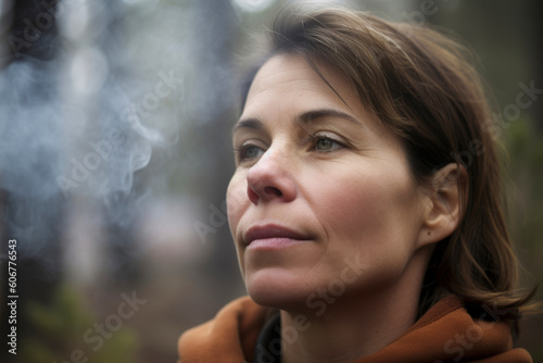Portrait of a middle-aged woman with a cigarette in the forest